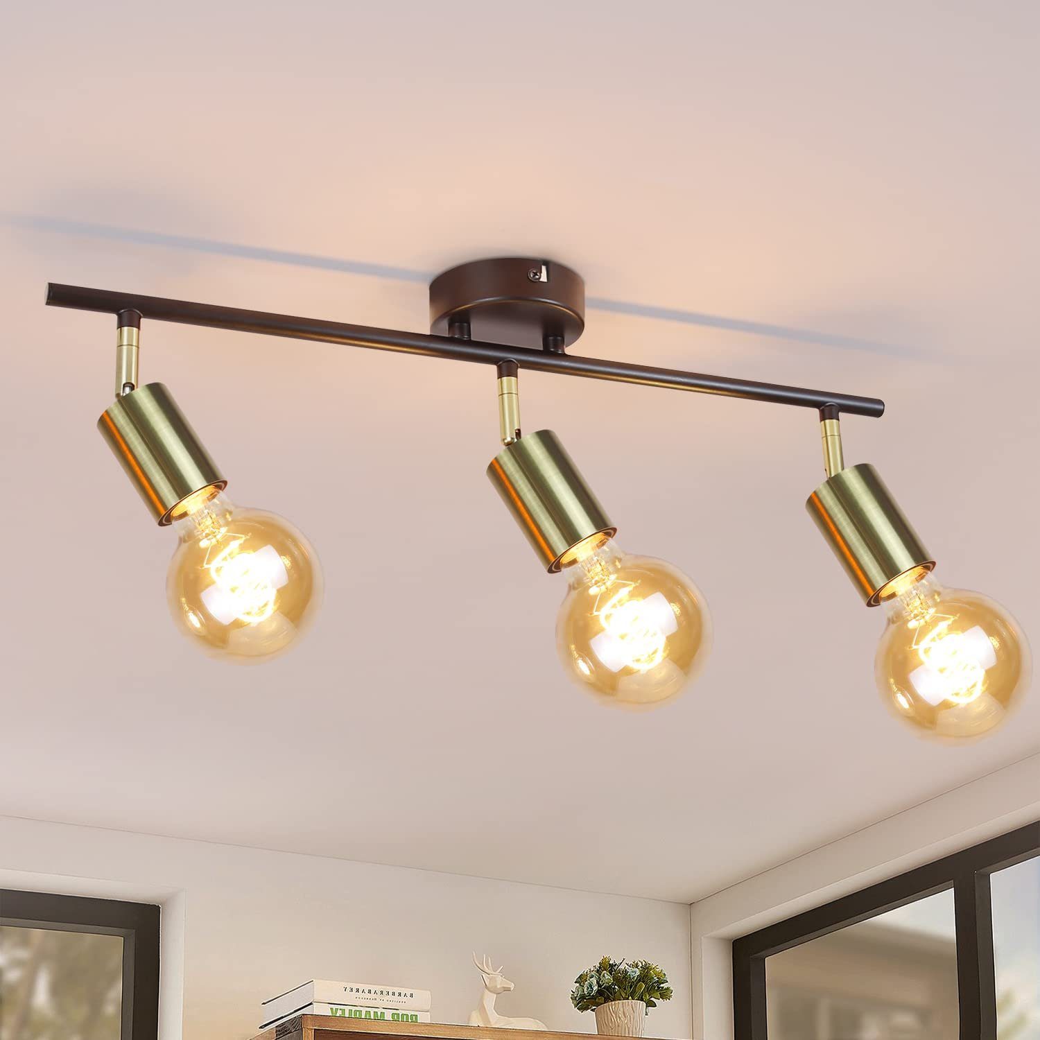 NETTLIFE 3 Vintage takspotlight, E27, svart och guld, vridbar industrilampa, retrostil