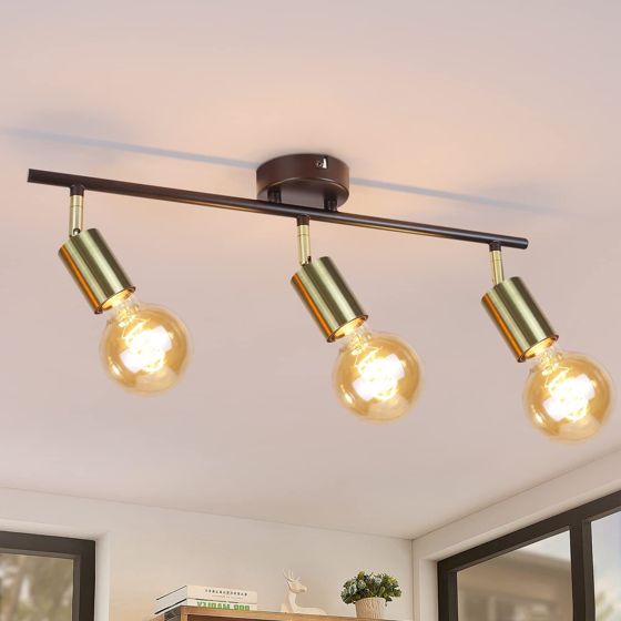 NETTLIFE 3 Vintage takspotlight, E27, svart och guld, vridbar industrilampa, retrostil