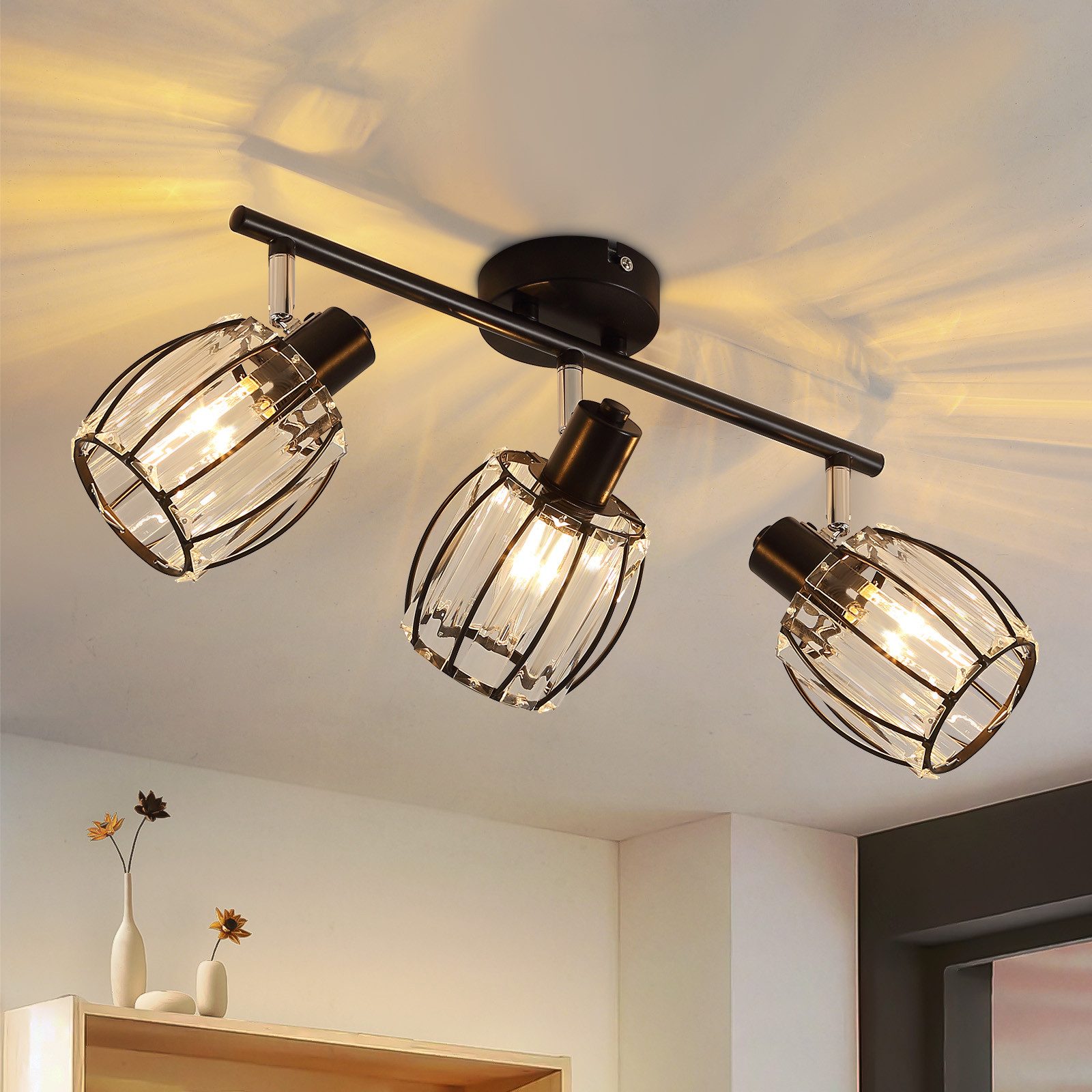NETTLIFE taklampa med spotlight, 3 lågor, retro E14 - taklampa, kristallskärm, hotell