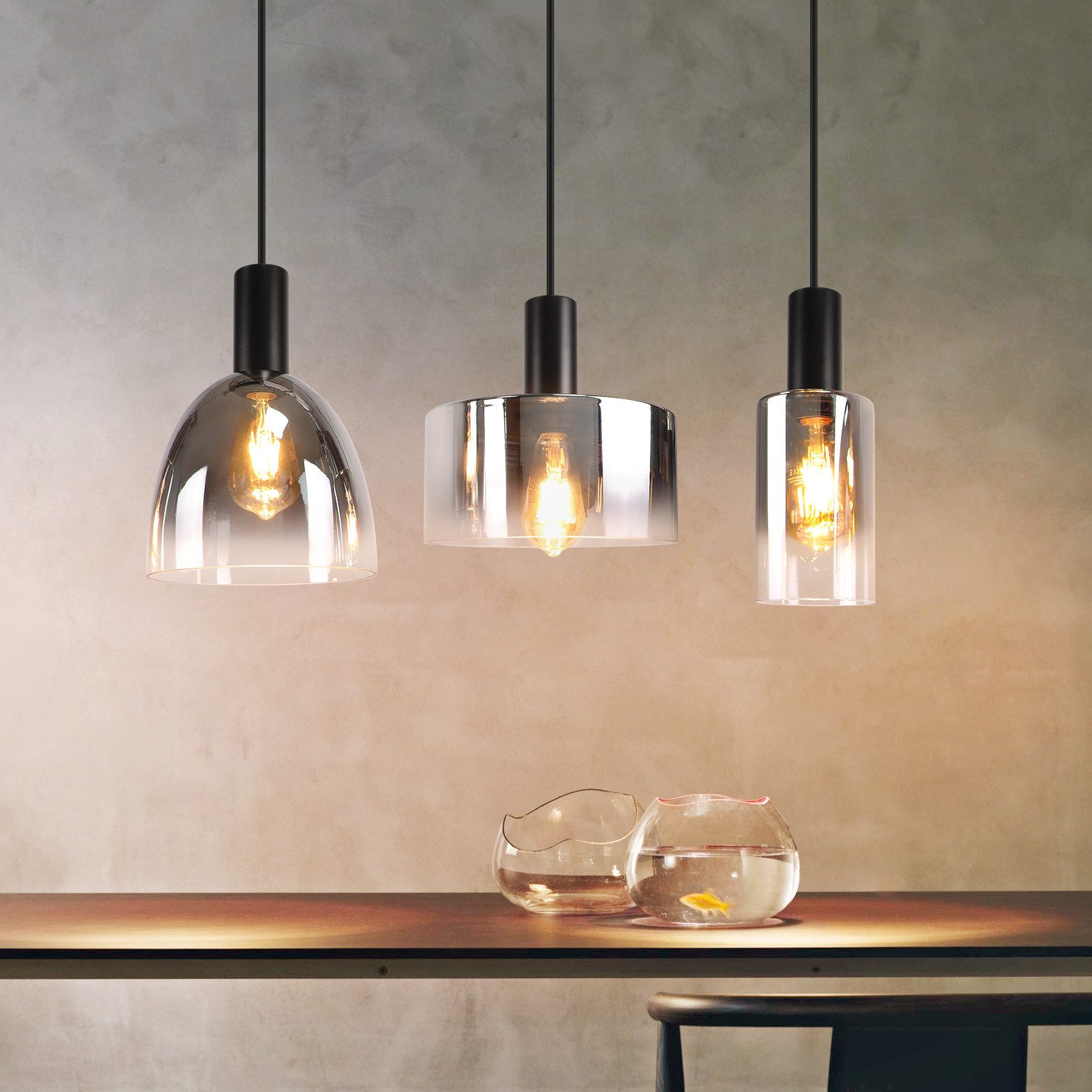 NETTLIFE Vintage - matbordslampa, rökgrått glas, E27, höjdjusterbar, för vardagsrum