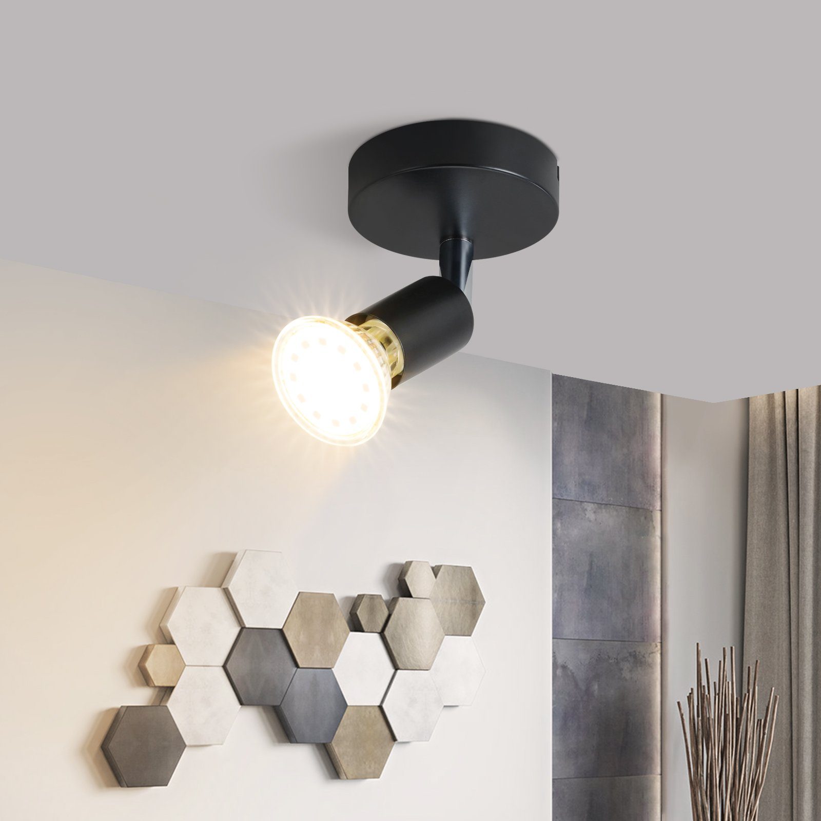 NETTLIFE Spot GU10 Max.40 W Modern svart vägglampa för inomhusbruk, 330° justerbar spotlight, tygskärm i metall, för hall, kök,