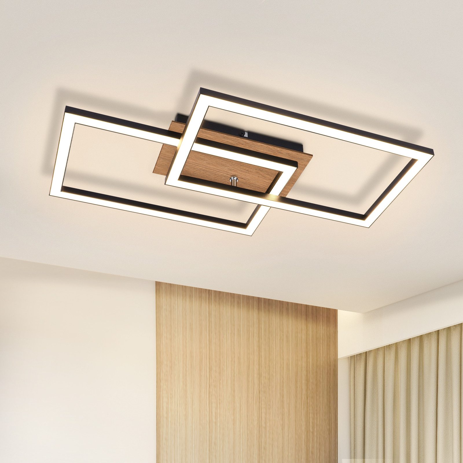 NETTLIFE Modern, LED-taklampa, taklampa i trä, 3000k, varmvit, svart, rektangulär, formad, design, 24w