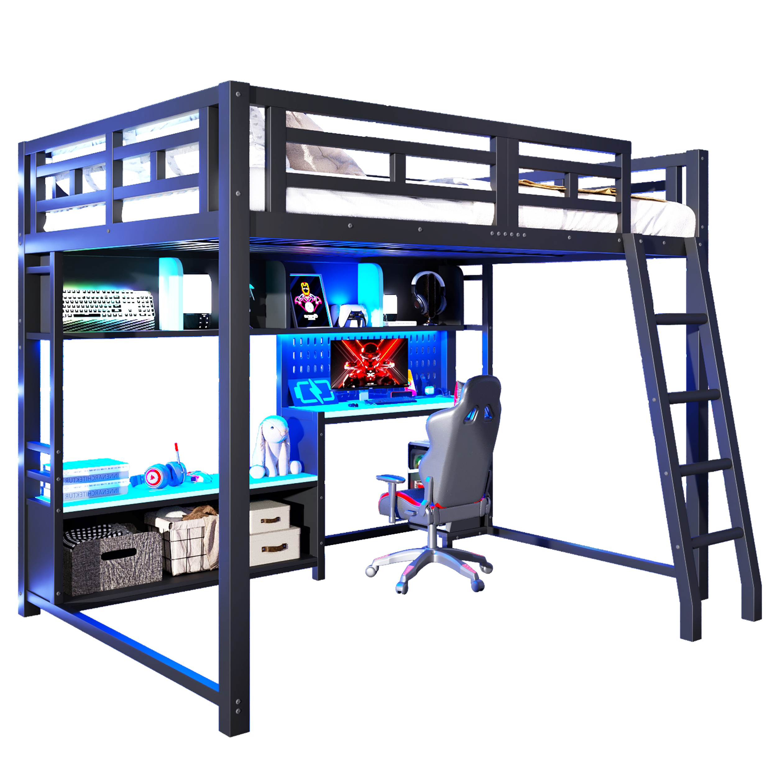 Loftsäng 140x200 cm i metall med gaminginspirerat skrivbord, röd