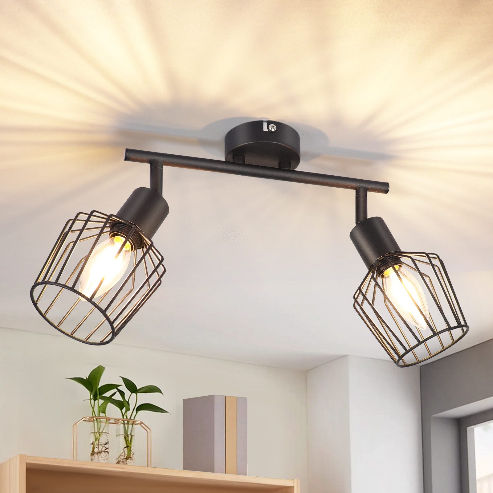 NETTLIFE 2 E14 - takspotlight - metall, 350° roterbar industriell halllampa, vägglampa för hall och vardagsrum, svart