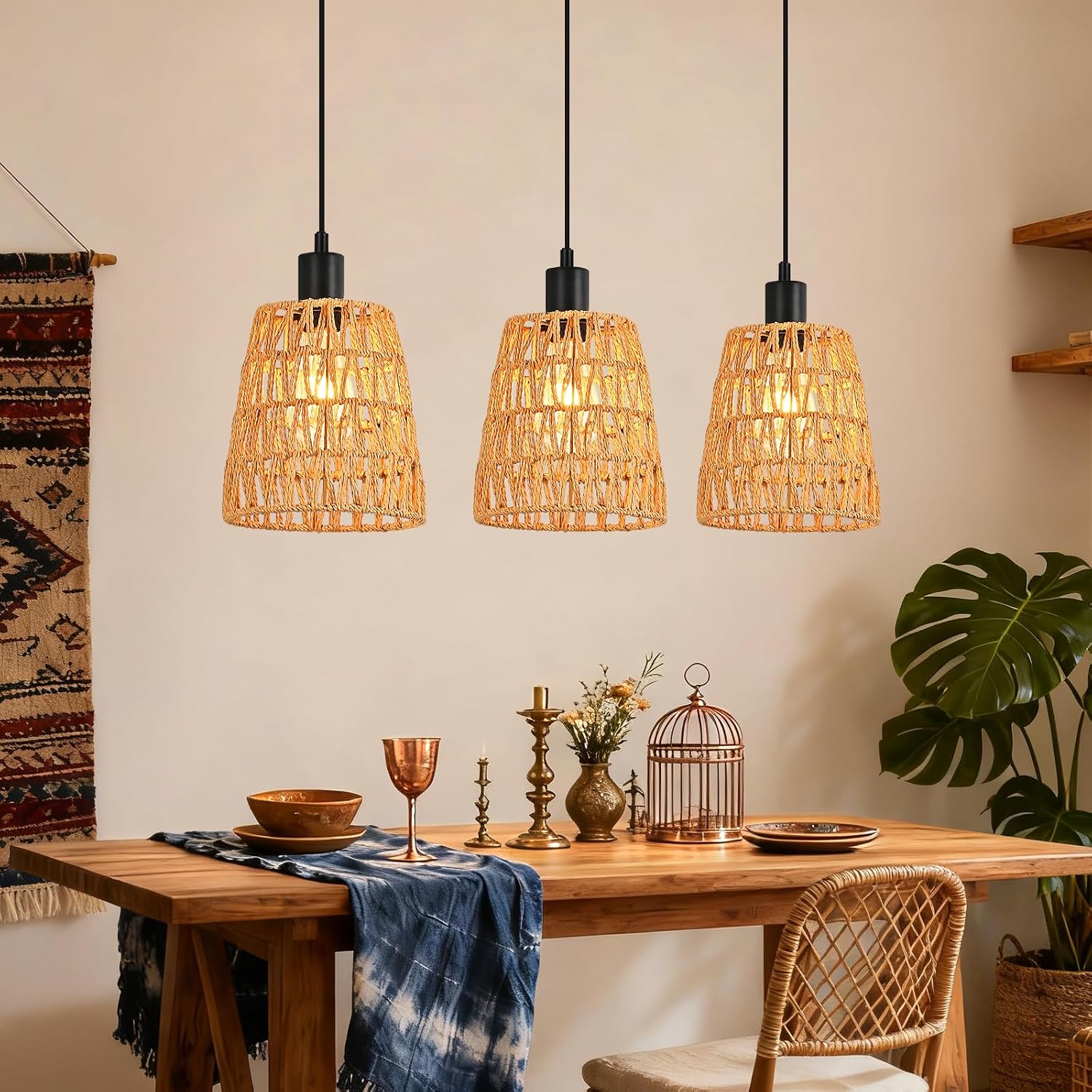 NETTLIFE pendellampa retro bohemisk rottingpendellampa, höjdjusterbar, 3 ljuskällor, E27