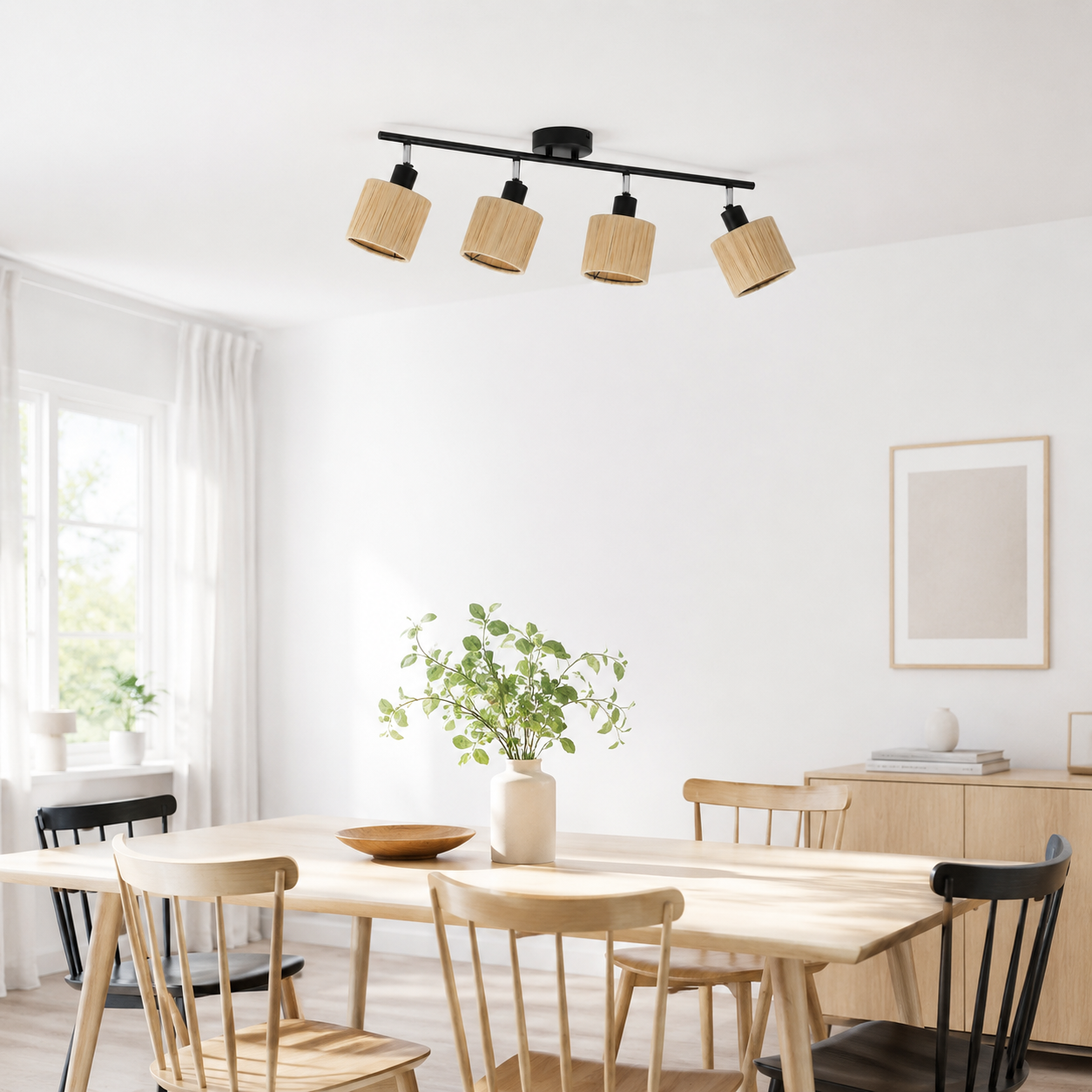 NETTLIFE takspotlight med 4 lågor, E14, natursvart taklampa, papper, för vardagsrum
