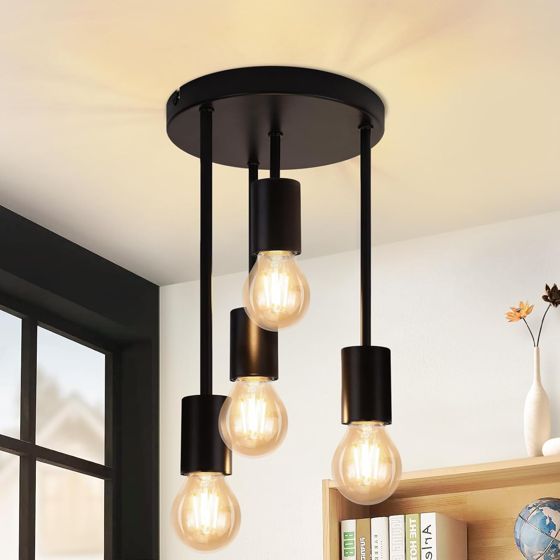 NETTLIFETaklampa Vintage, svartTaklampa, 4 ljuskällor, E27, retro, industriell metall, Utan, glödlampor
