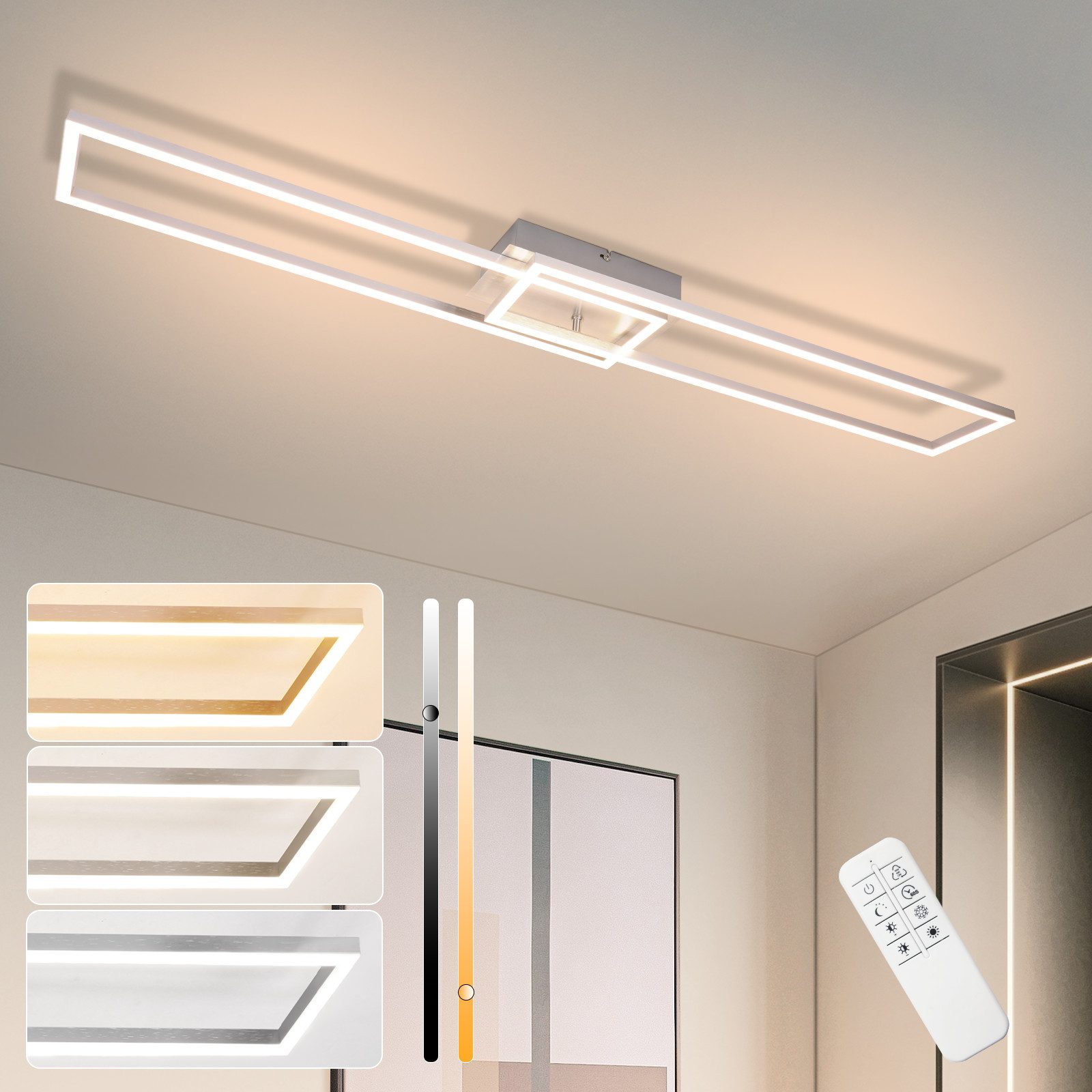 NETTLIFE LED - taklampa, för sovrummet - 2Frame sovrumslampa, 102cm, modern dimbarMed fjärrkontroll, silver Taklampa 36 W