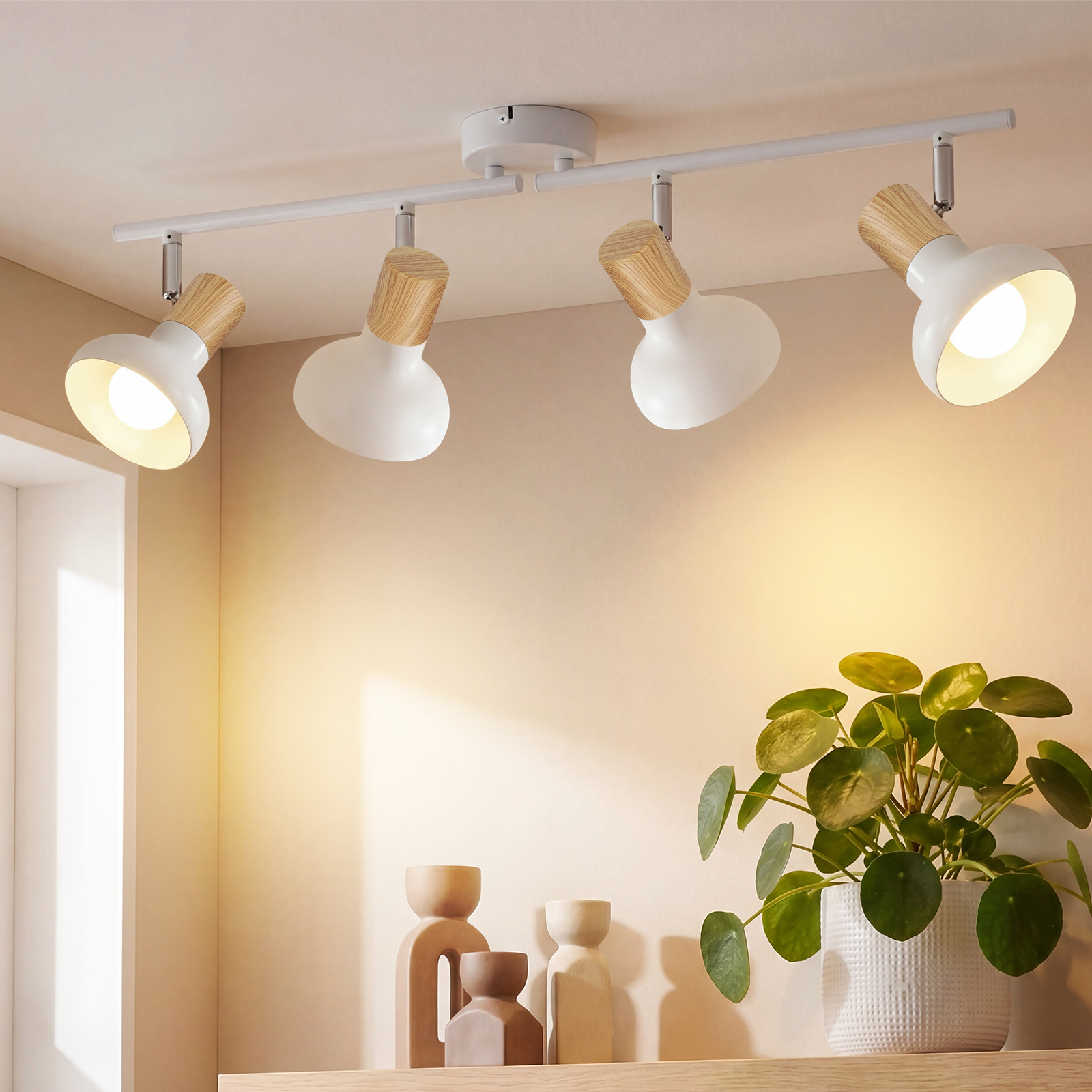 NETTLIFE Vintage - Takspotlight E14 för inomhusbruk, 350° roterbar, vit, 4 runda glödlampor för hotellvardagsrum