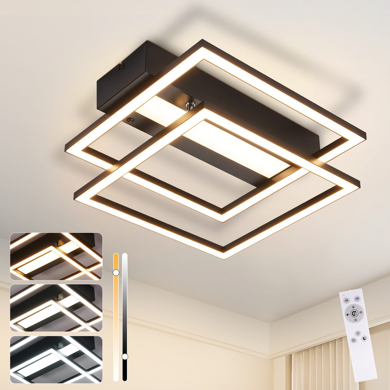 NETTLIFE LED - taklampa för vardagsrummet, 2 ramar, svart, modern, fyrkantig, dimbar, perfekt för hallen