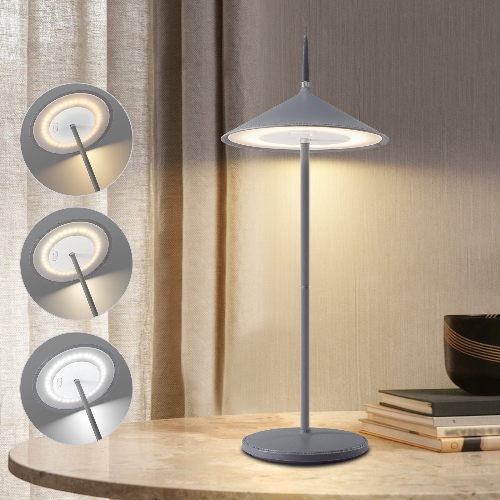 NETTLIFE Trådlös bordslampa, LED-nattlampa, 1800 mAh batteri, laddningsbar, touch, dimbar, modern, IP44, med USB