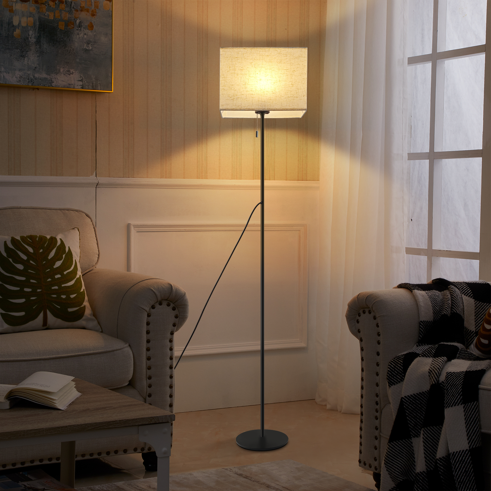 NETTLIFE Retro dimbar LED-golvlampa, tygskärm för vardagsrum, med dragströmbrytare