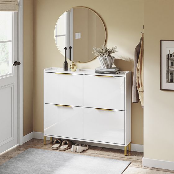 SoBuy FSR206-GW Slim Entrance platsbesparande skoskåp - vitt skoskåp med 4 vikbara dörrar, djup 19 cm, nordisk design med polerad yta och gyllene handtag, 100x19x90cm
