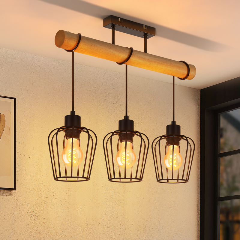 NETTLIFE Vintage taklampa i trä för vardagsrum: Svart industriell design i metall med E27-taklampa (ingår ej)