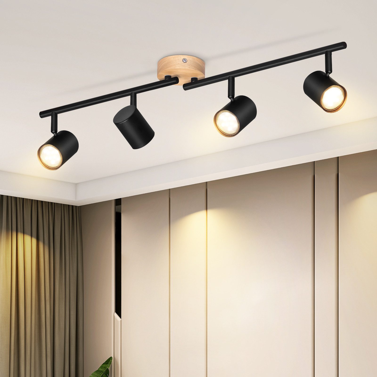 NETTLIFE LED - taklampa med 4 lågor - svart taklampa GU10 vridbar spotlight i trä utan lampa