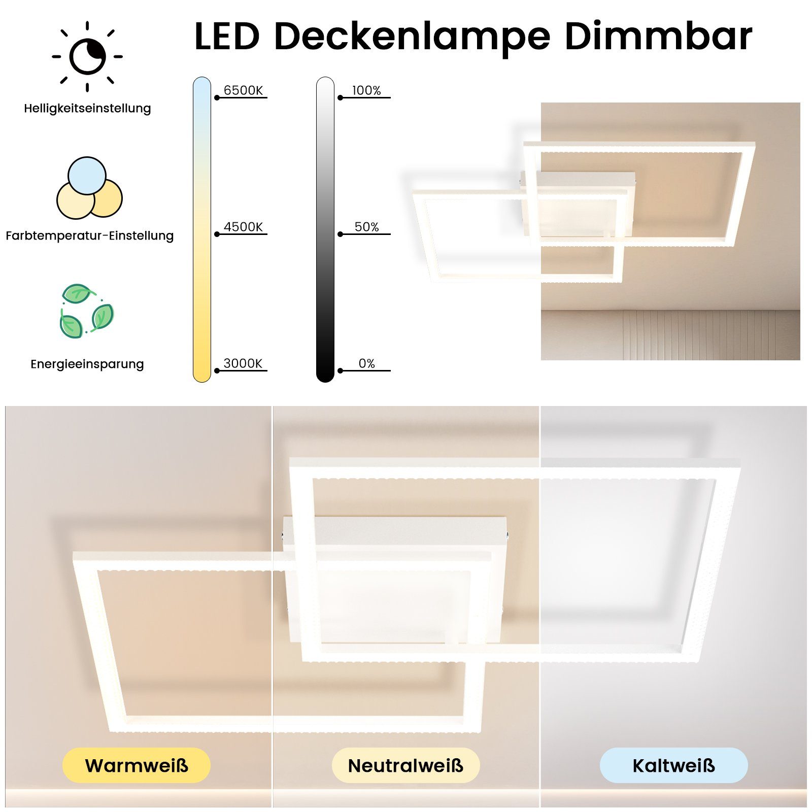NETTLIFE LED - taklampa, dimbar vardagsrum, modern design Med fjärrkontroll 52W Kökslampa, sovrum matsal kök