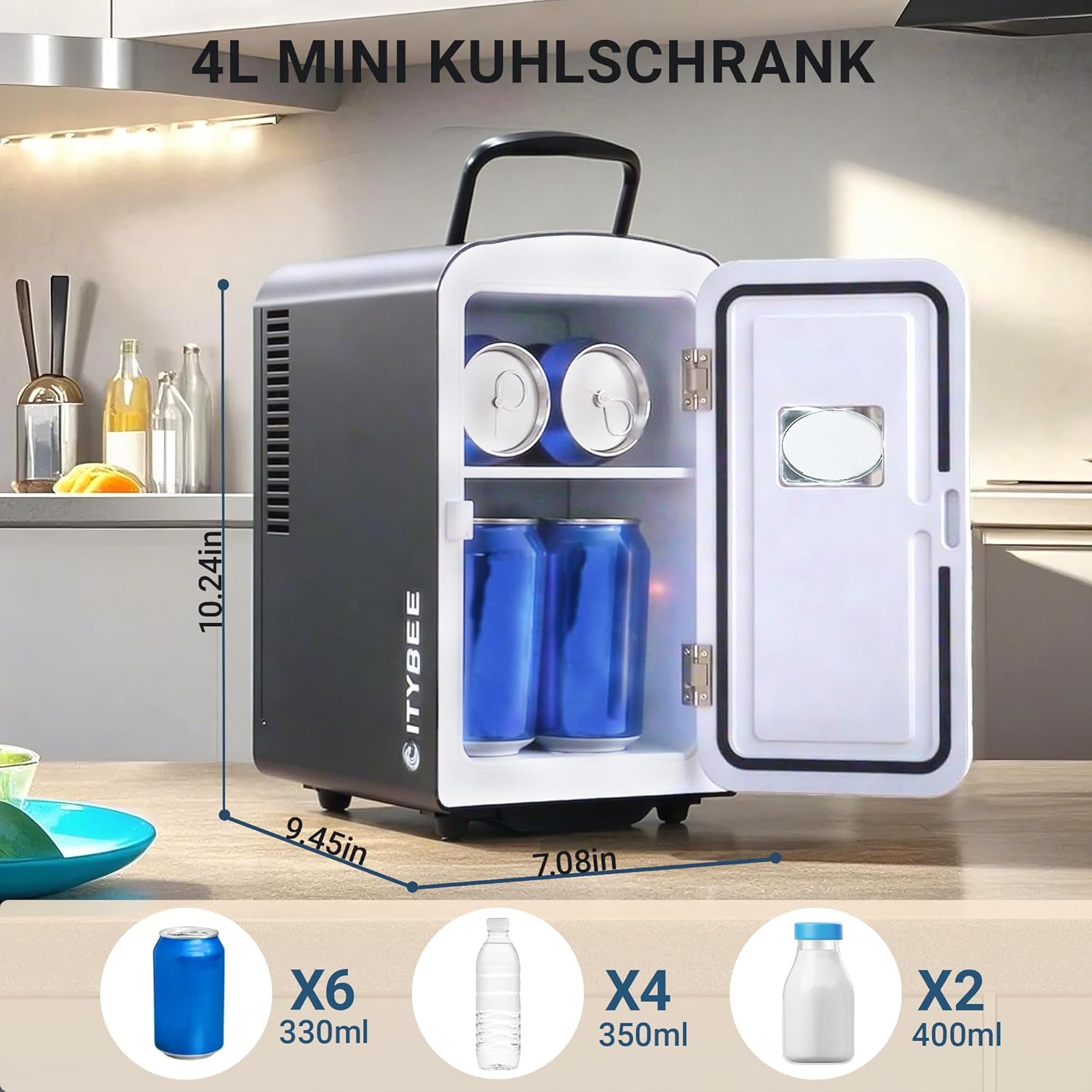 NETTLIFE Minikylskåp 4L Litet kylskåp 12V 230V Perfekt för bil, sovrum, camping, kontor och resor (svart)
