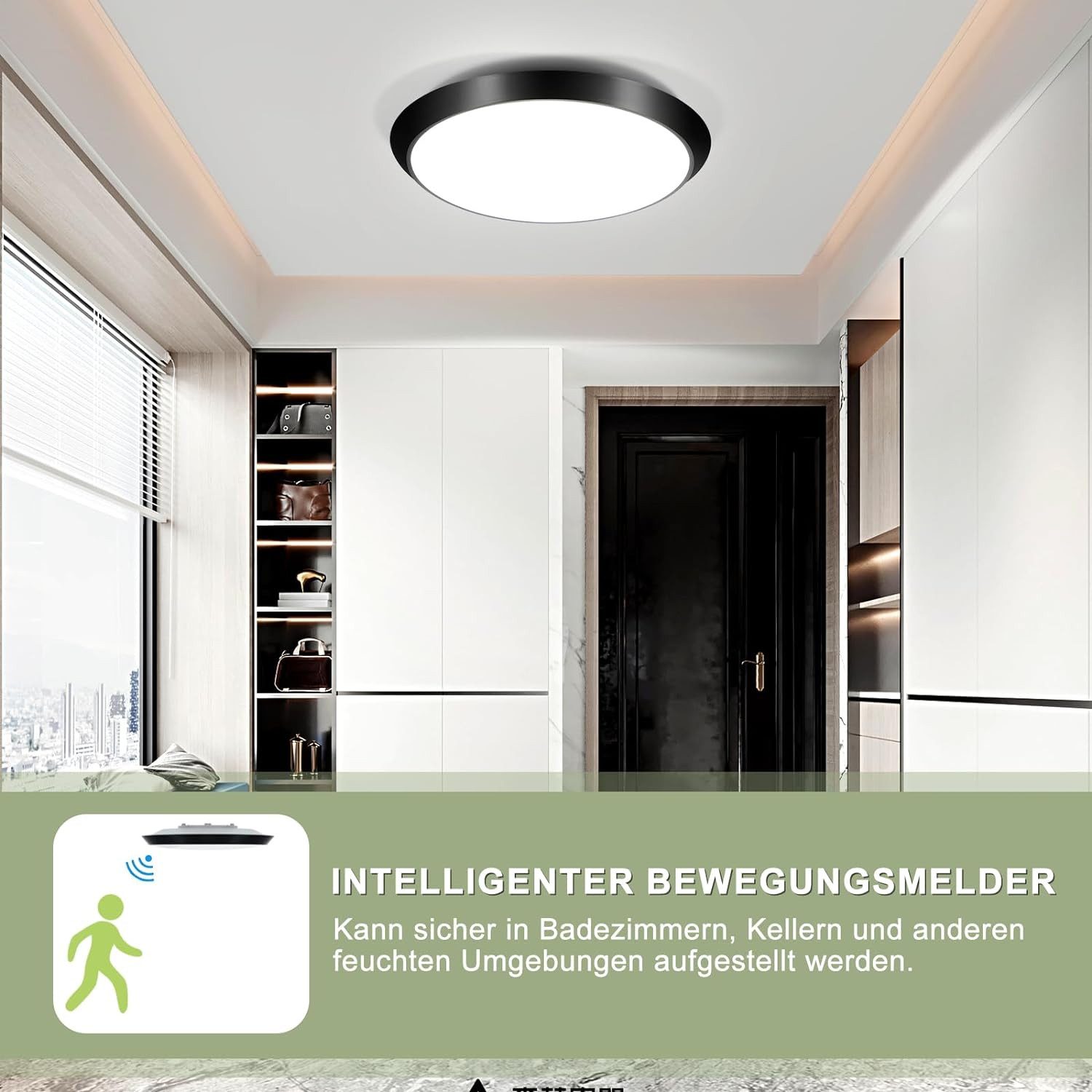 NETTLIFE LED - taklampa, för inomhusbruk med rörelsesensor, svart IP44 15 W, Rund källarlampa, med rörelsesensor Ø 30 cm, 4000K