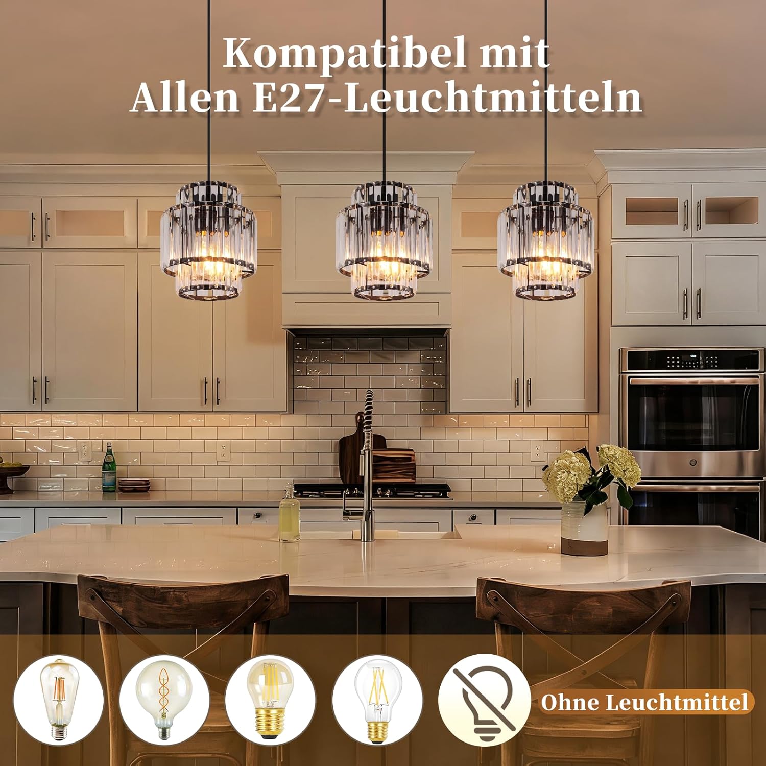 Nettlife pendellampa med 1 lampa - pendellampa i glas och kristall, E27, justerbar höjd, modern design för matsalen