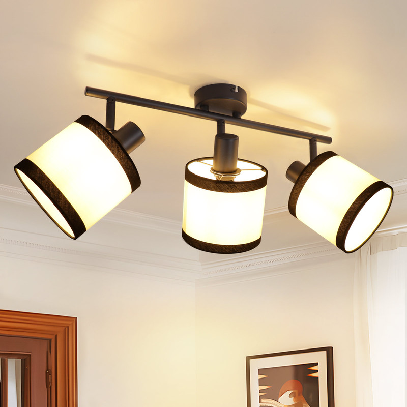 NETTLIFE Svart takspotlight med 3 ljuskällor - E14 takspotlights 350° vridbar tygtaklampa vintage kökslampa (utan glödlampa)