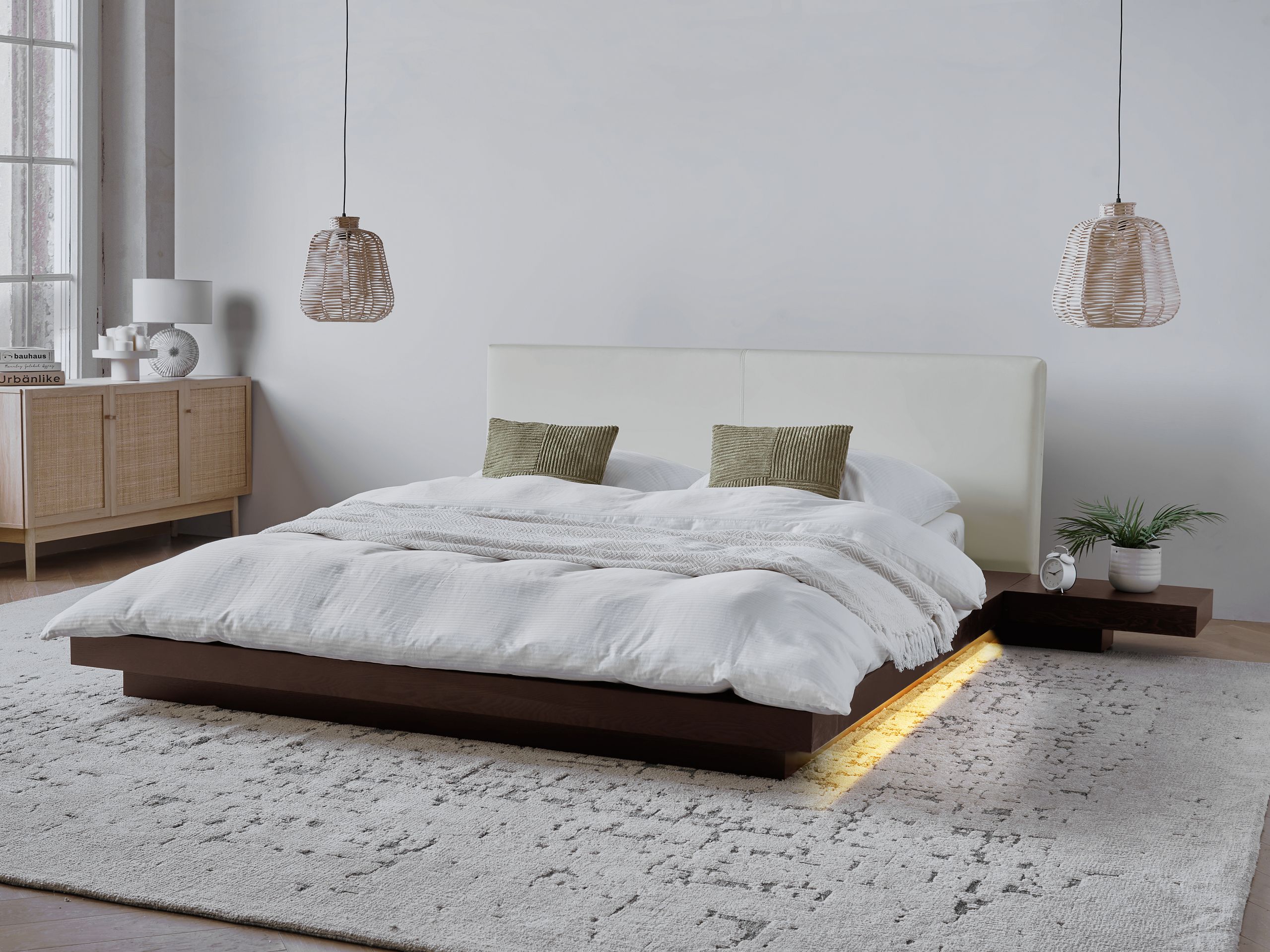 Säng med LED-belysning Konstläder ZEN 160 x 200 cm Mörk askfanér