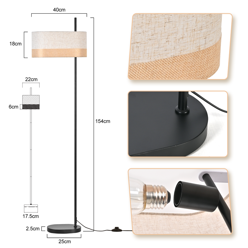 NETTLIFE vintage golvlampa vit mönstrad skärm retrostil rustik E27-lampa med fotströmbrytare för vardagsrum/sovrum