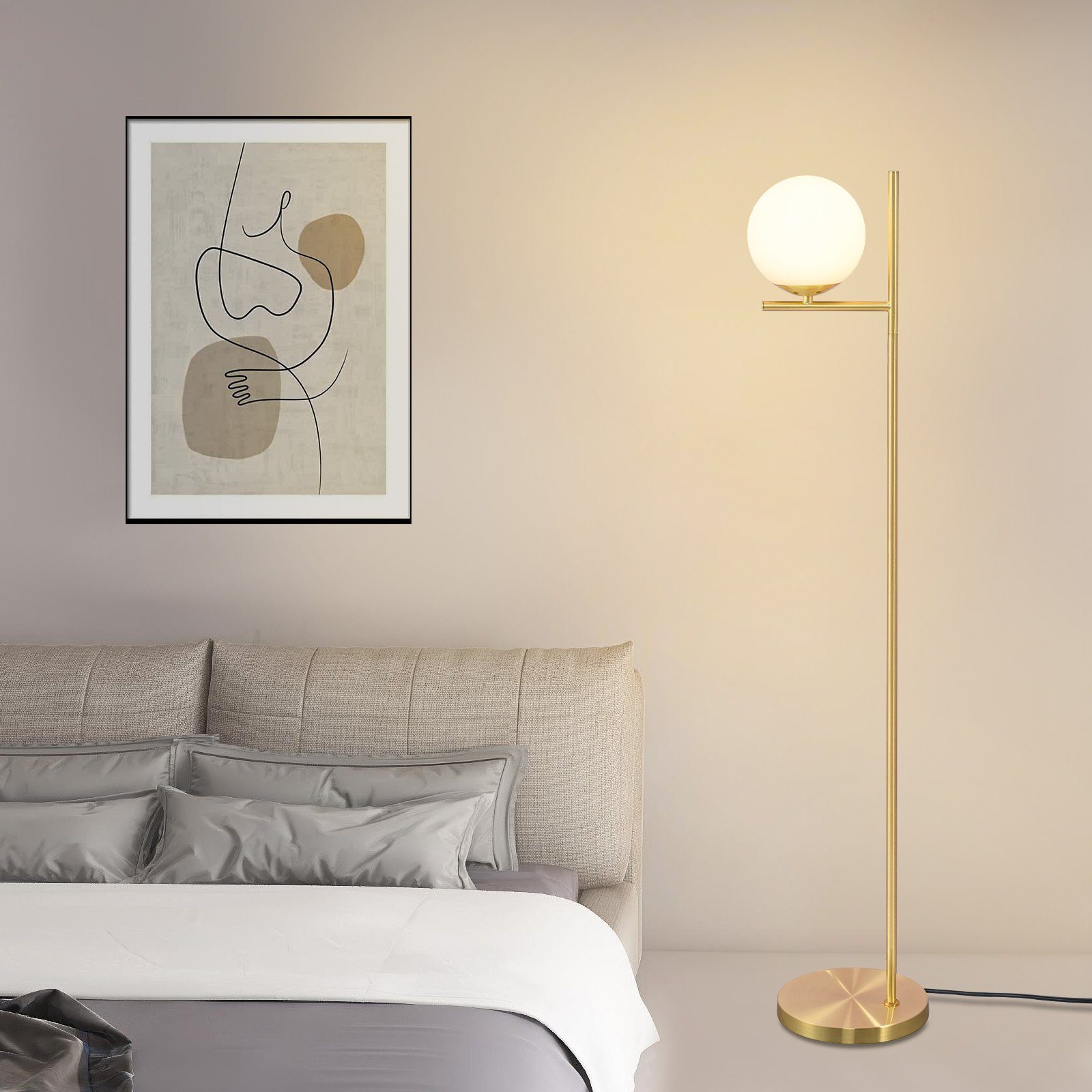 NETTLIFE Industrial Gold - golvlampa med fotpedal, vit glasmetalldesign, vintage E27 - golvlampa, 2 meter sladd