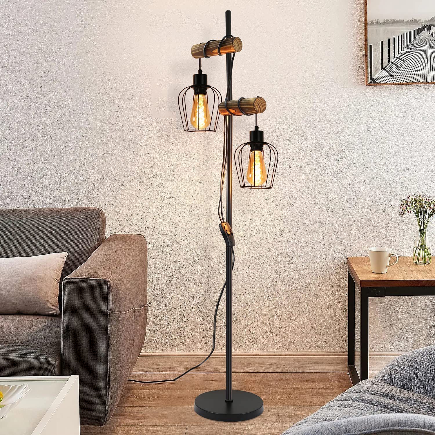 NETTLIFE Vintage - golvlampa för vardagsrum, trä, 2 lågor, industridesign, metall, svart strömbrytare, E27 - höjd: 151 cm - utan glödlampa