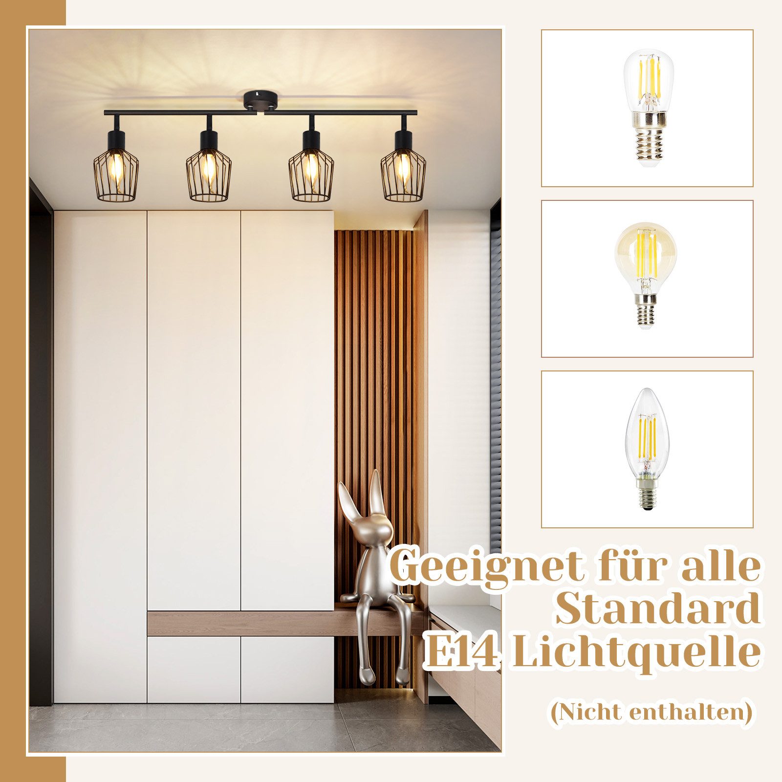 NETTLIFE 4 E14 - takspotlight - metall, 350° roterbar industriell halllampa, vägglampa för hall och vardagsrum, svart