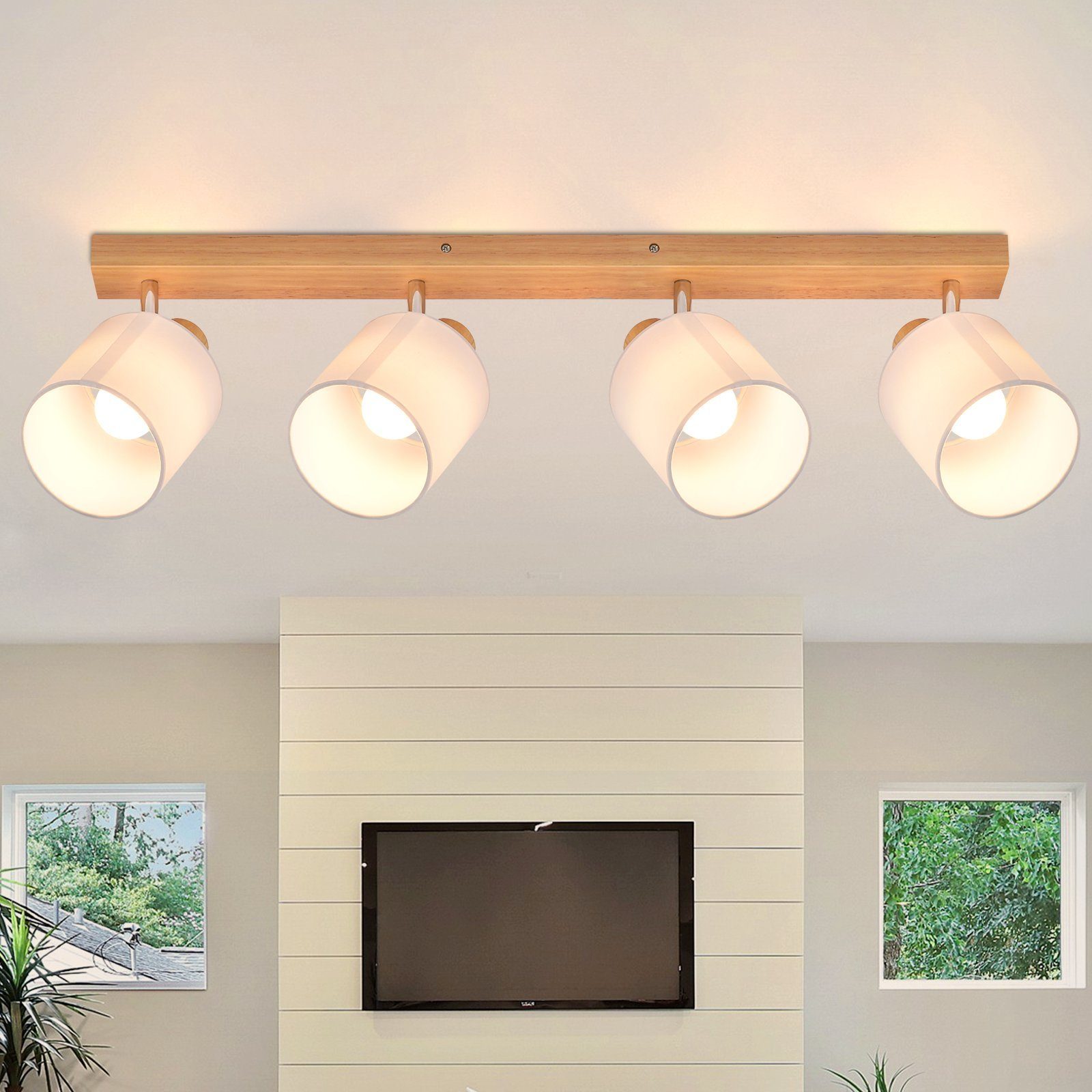 NETTLIFE 4 moderna taklampor i trä för vardagsrummet E14, 350° roterbara, MAX 25W tygskärmslampa för sovrum utan glödlampa