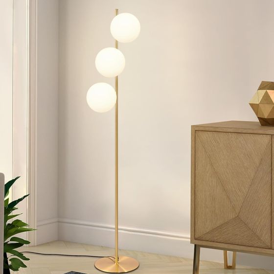 NETTLIFE Modern golvlampa - industrilampa med 3 lågor, E27, strömbrytare i sockeln, guld- och vitt metallglas