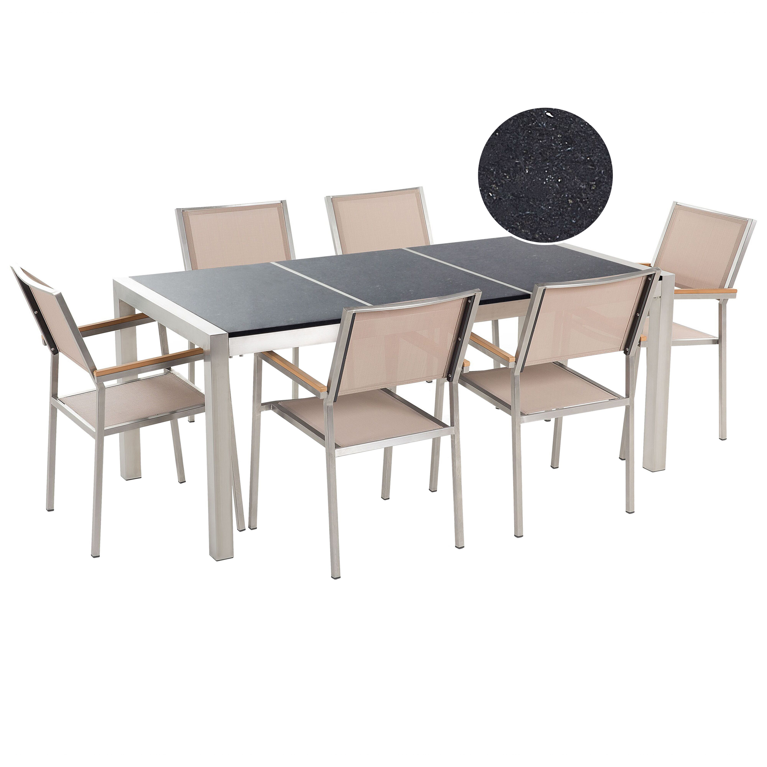 Trädgårdsmatgrupp 6-sits GROSSETO Trippelplatta Granit Polerad Svart/ Beige