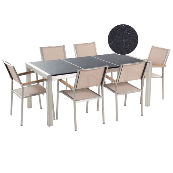 Trädgårdsmatgrupp 6-sits GROSSETO Trippelplatta Granit Polerad Svart/ Beige