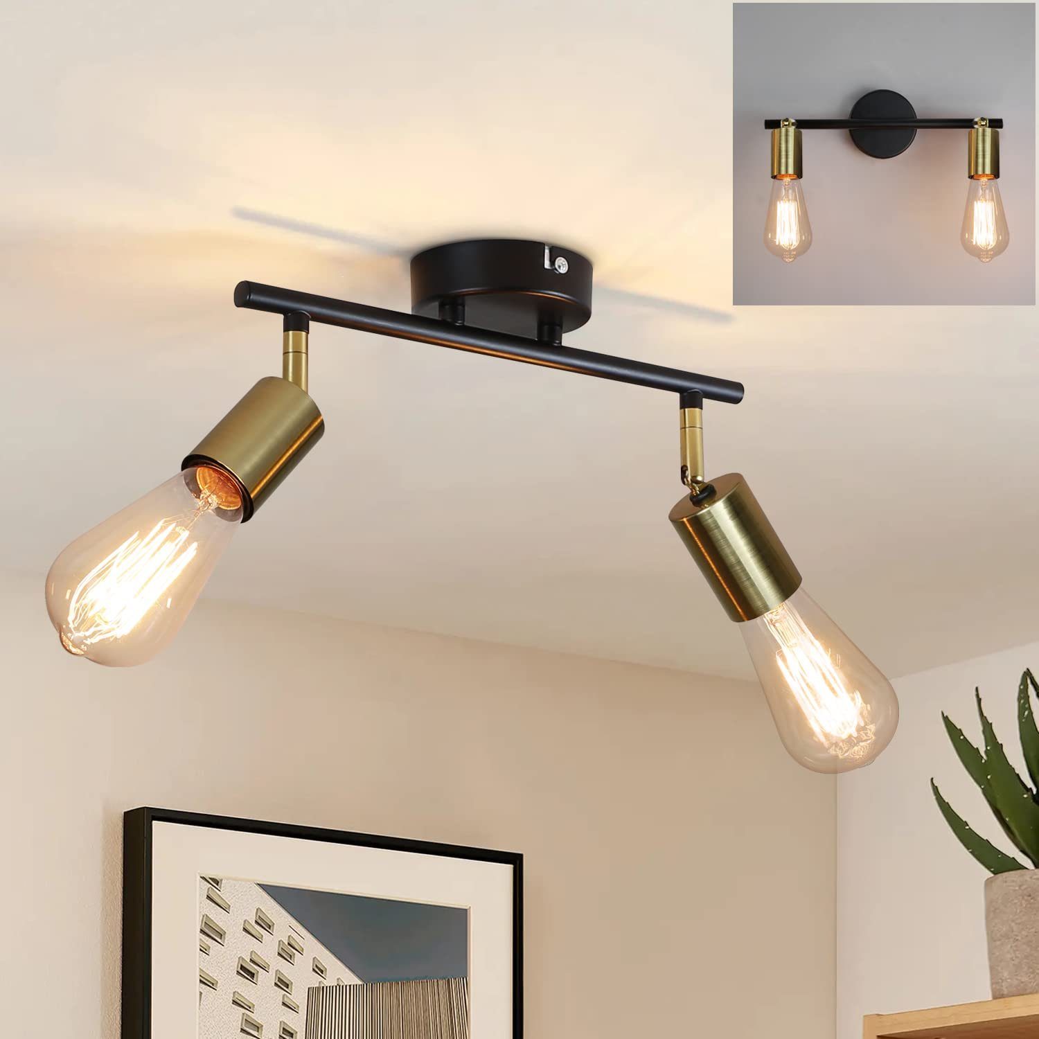 NETTLIFE 2 vintage takspotlights E27 korridorlampa svart och guld 360° roterande taklampa industriell modern för kök och hall