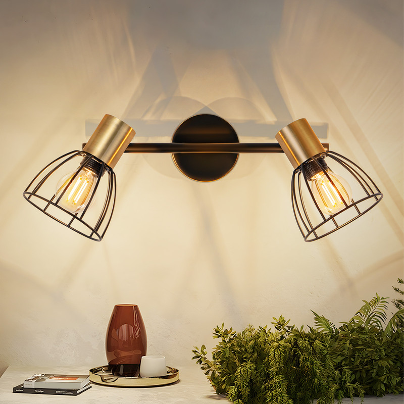 NETTLIFE Vägglampa vintage inomhus 2 armar svart, E14, roterbar 350° (utan glödlampor)