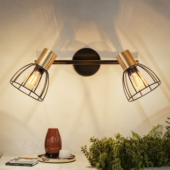 NETTLIFE Vägglampa vintage inomhus 2 armar svart, E14, roterbar 350° (utan glödlampor)