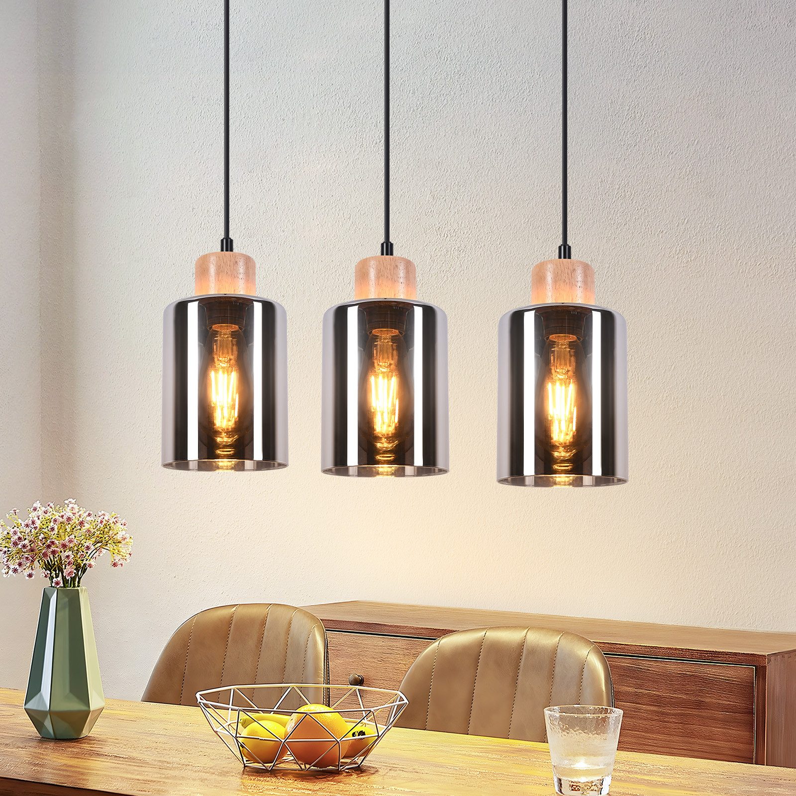 NETTLIFE trähänglampa, E27-hänglampa, vintage matbordslampa i glas