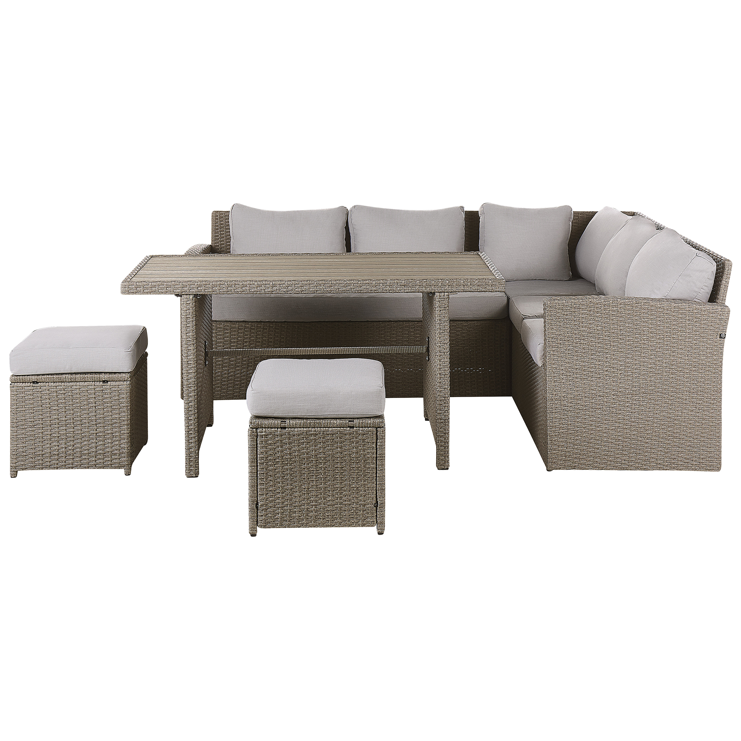 Trädgårdssoffgrupp med bord och fotpall 5-sits BARDI med kuddar Konstrotting Taupe