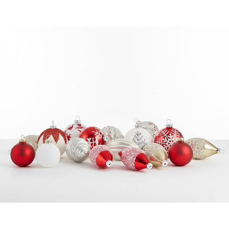Set med 50 julgranskulor SNOWFLAKE Glas Röd/ vit