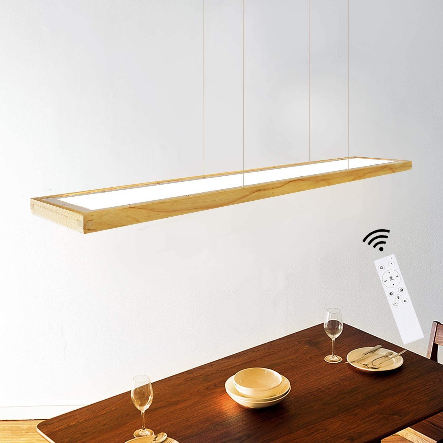 NETTLIFE Matrumslampa, trä, 38 W, dimbar, med fjärrkontroll, 100 cm LED-pendellampa