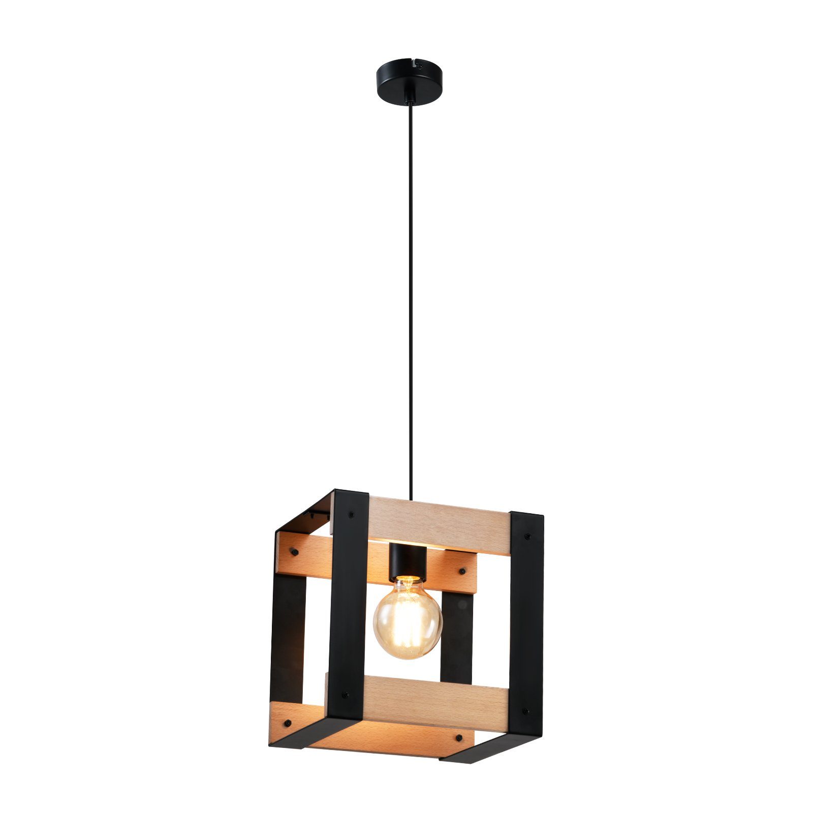 NETTLIFE pendellampa trä, metall svart, E27 diameter, 175 cm, 1 sockel, industriell retro, pendellampa för matsal