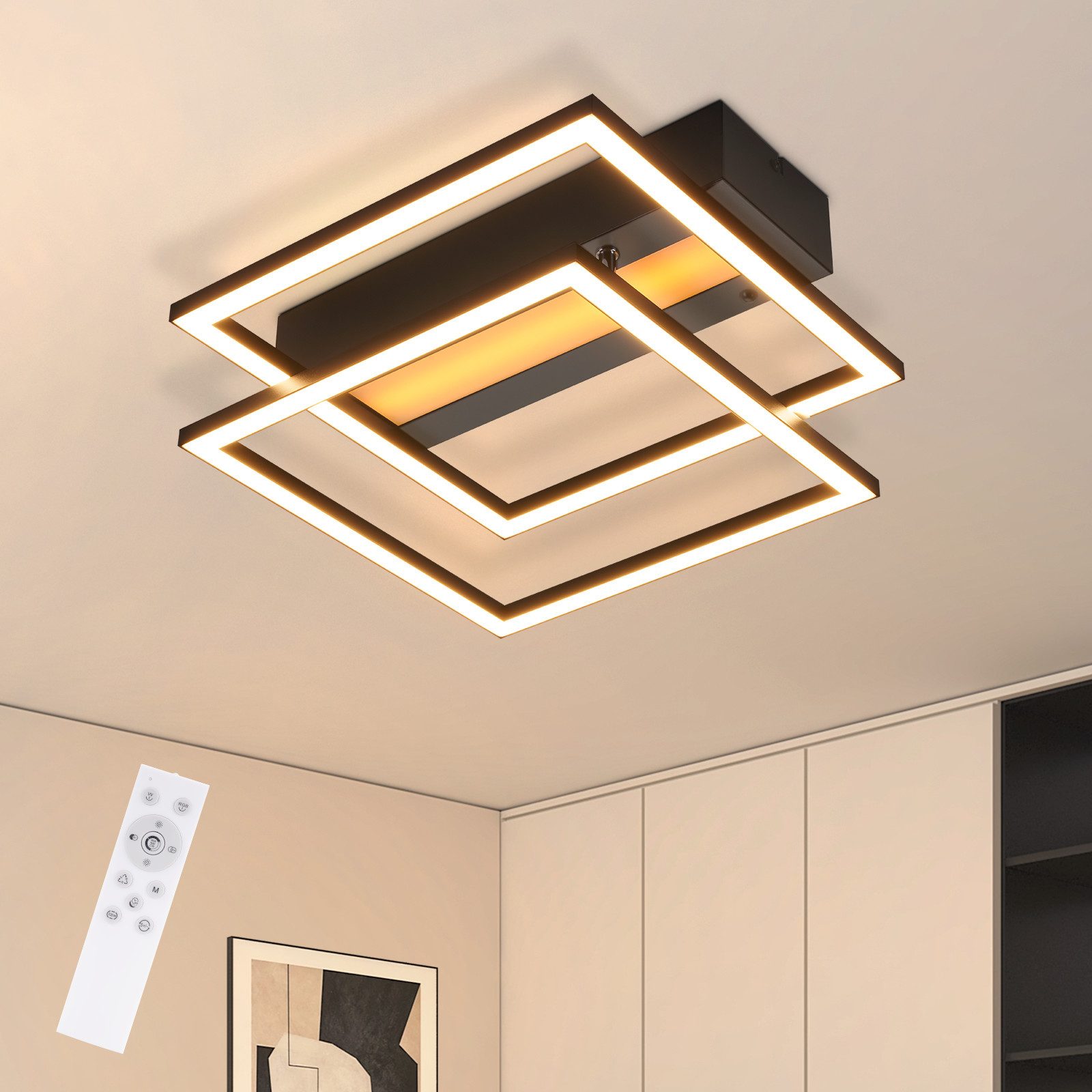 NETTLIFE LED - taklampa för vardagsrummet, 2 ramar, svart, modern, fyrkantig, dimbar, perfekt för hallen