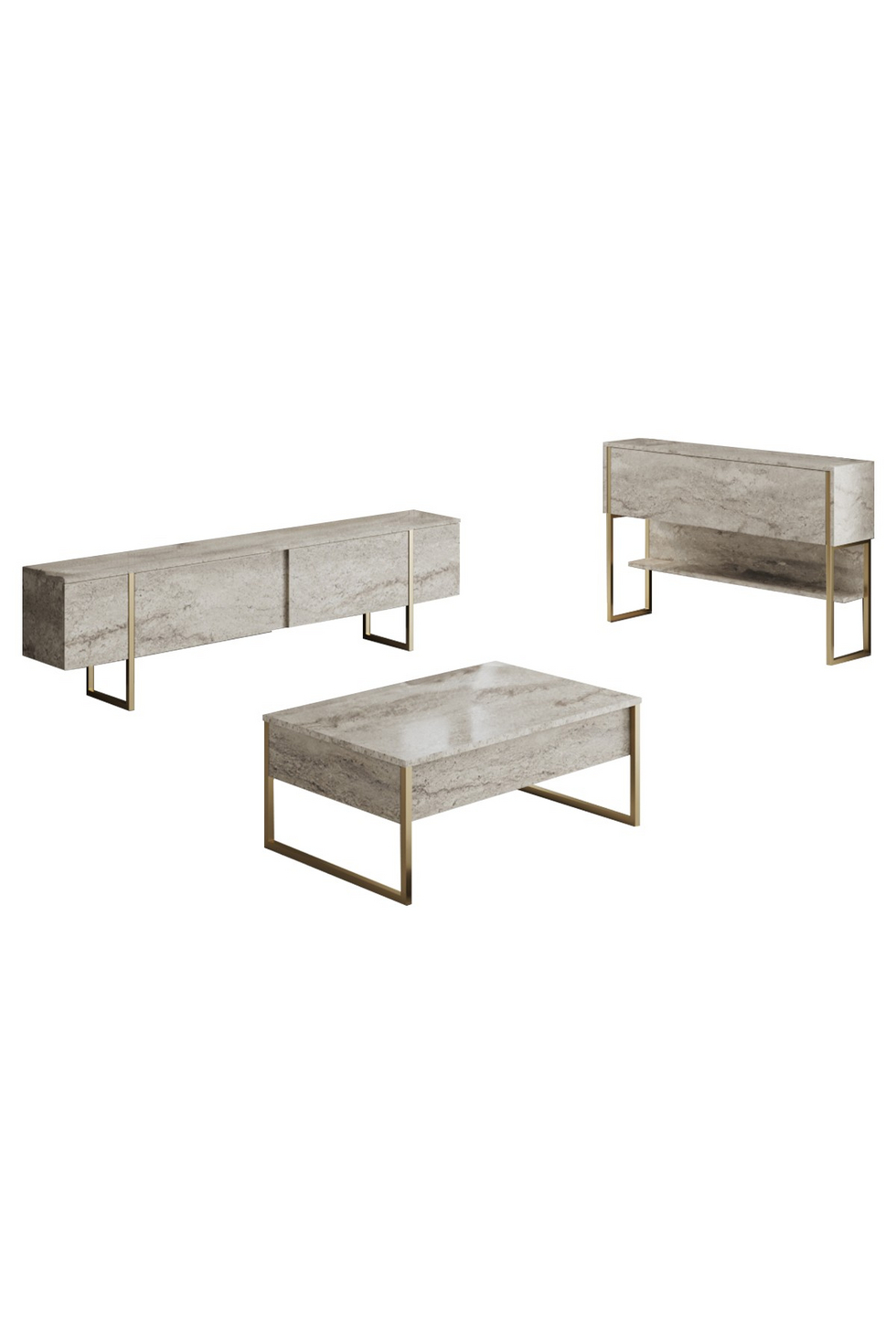 Norda Design Modernt set med vardagsrumsmöbler, 100% melamin, metallben | TV-bänk, soffbord, byrå