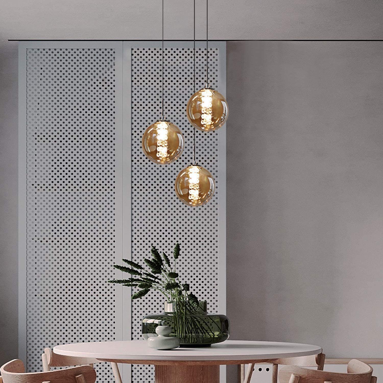 NETTLIFE Bärnstensfärgad glaspendellampa, diameter 28 cm, G9, höjdjusterbar ljuskrona, 3 bärnstensfärgade glödlampor