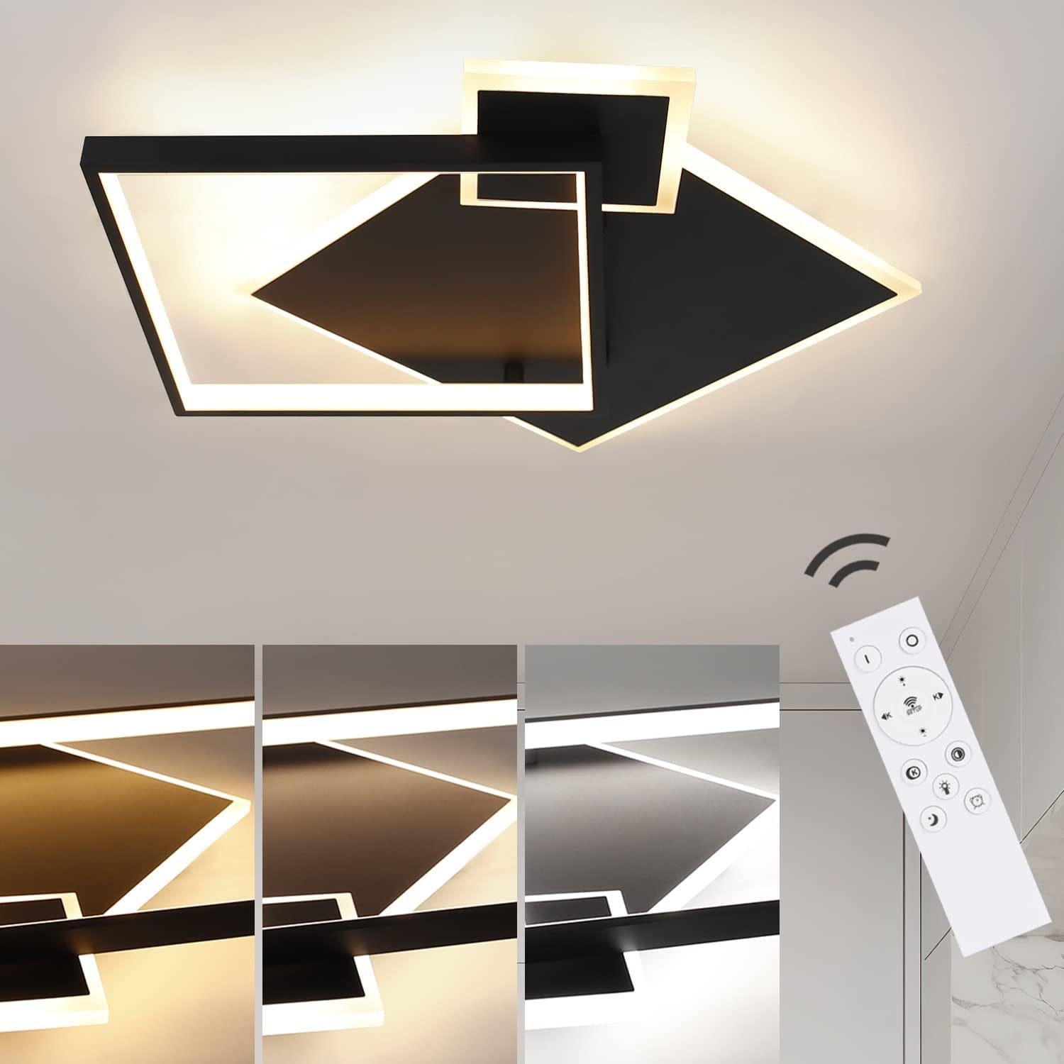 NETTLIFE LED-taklampa, svart dimbar, 50 W, modern design, vardagsrumslampa med fjärrkontroll, metall, för matsal, kök