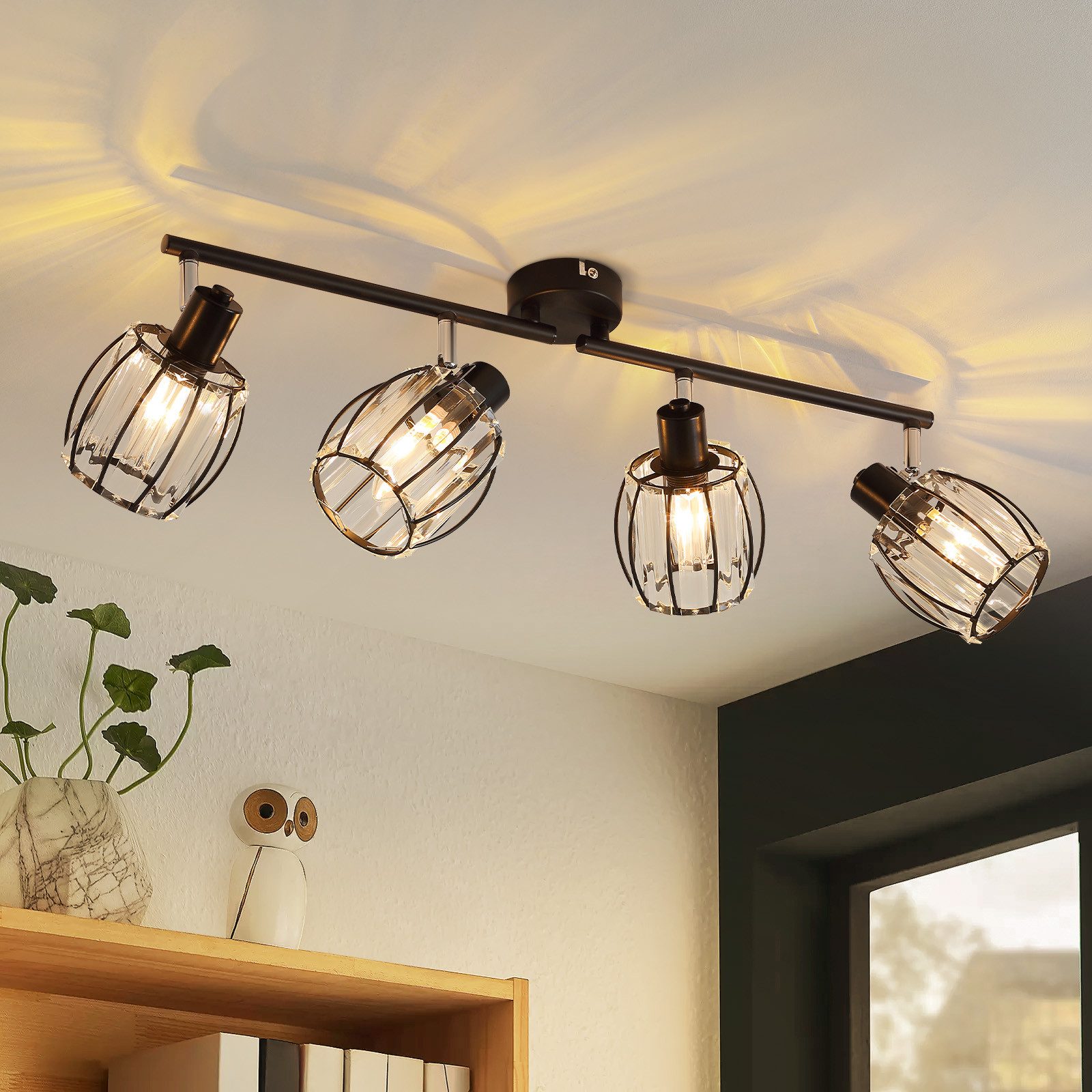 NETTLIFE 4 st svarta kristalltakspotlights i vintagestil, E14 för hall, 350° roterbara, industriella