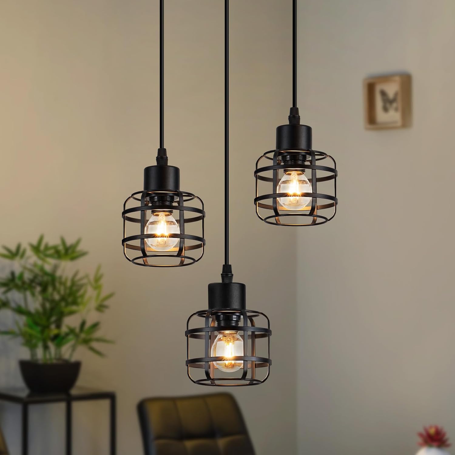 NETTLIFE pendellampa svart vintage-stil pendellampa, industriell stil, 3 ljuskällor, rund, E14