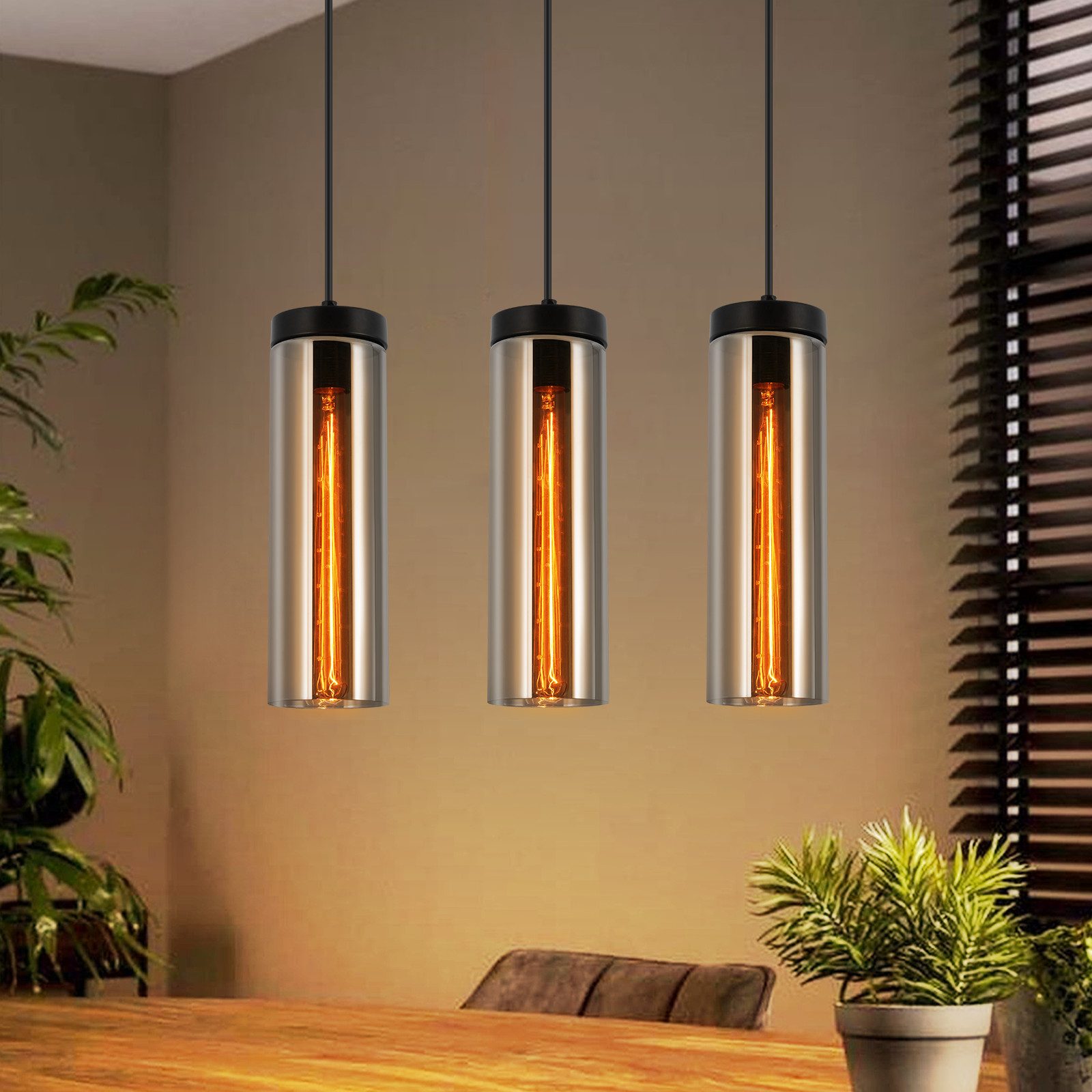 NETTLIFE Retro, mattsvart, glas, matbord, hängande lampa, 3 lågor, E27