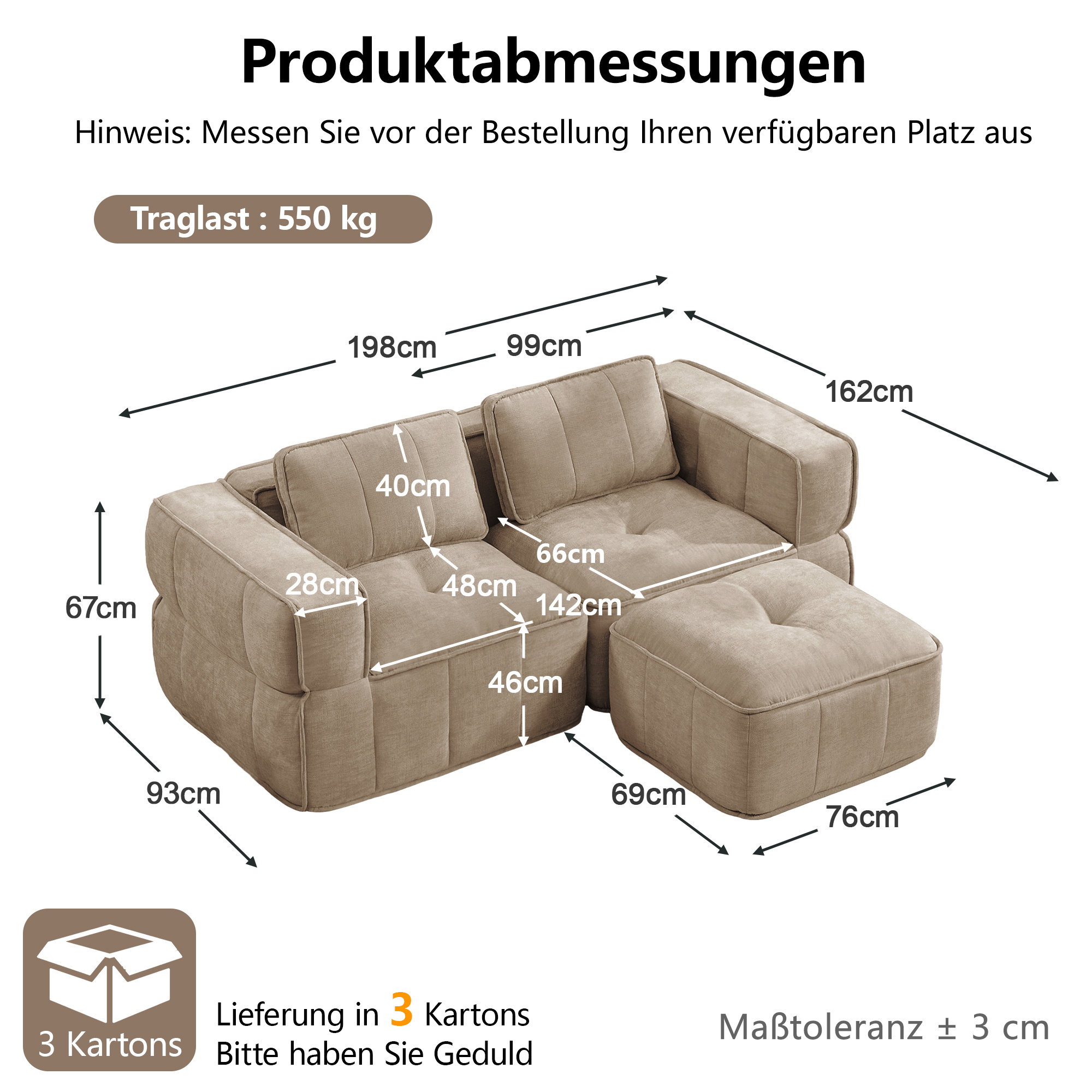 2-sitssoffa med fotpall, minimalistisk, polyester-sandfärgad