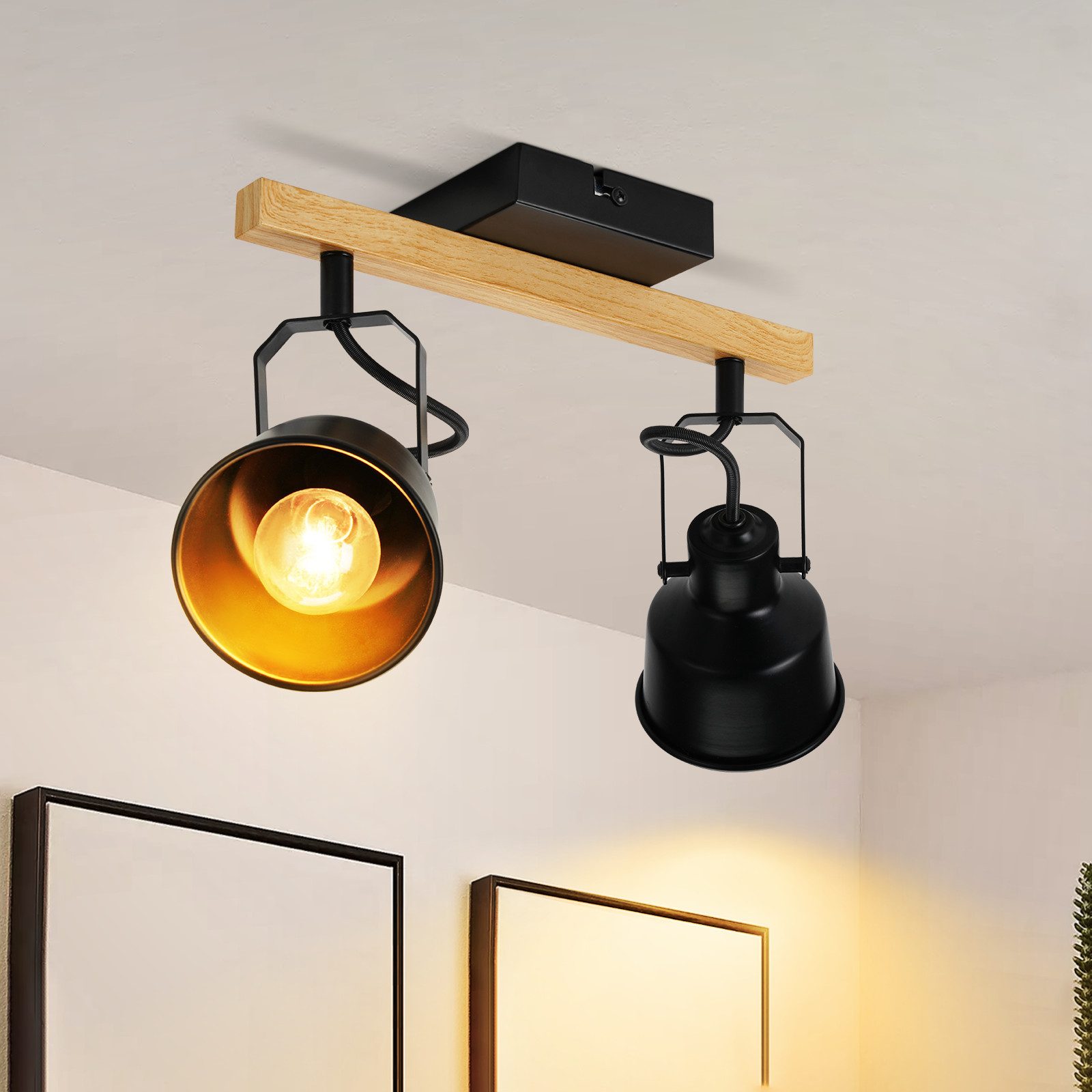 NETTLIFE takspotlight, 2 lågor, 350° justerbar, E14-sockel i vintagestil, högkvalitativ design, träådringsmönster
